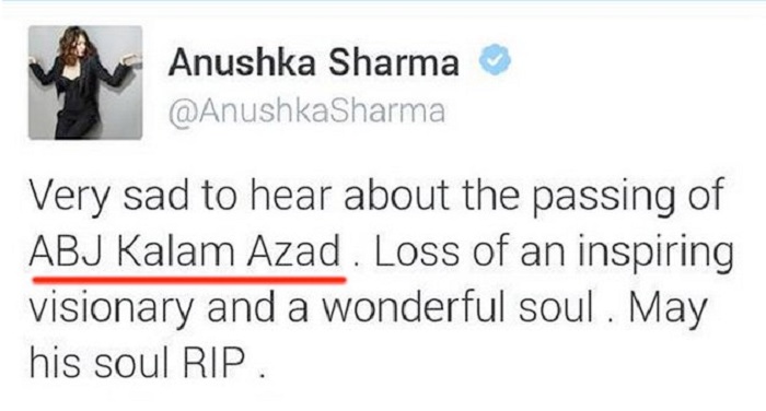 Anushka Sharma Wrong Tweet on Abdul Kalam Name