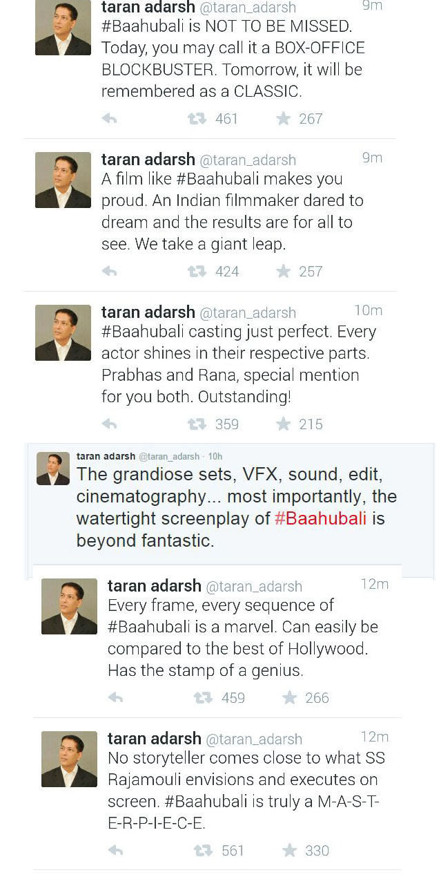 Taran Adarsh Tweets on Baahubali